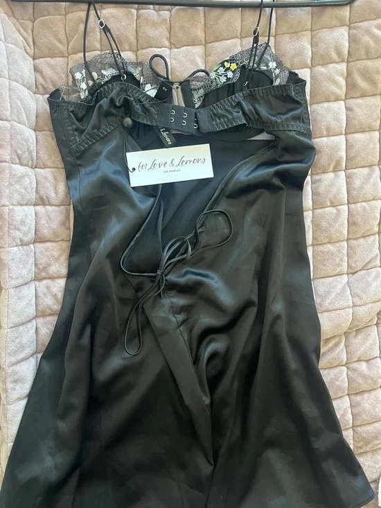 For Love & Lemons Black Satin Slip Dress with Lace Trim - Picture 2 of 3